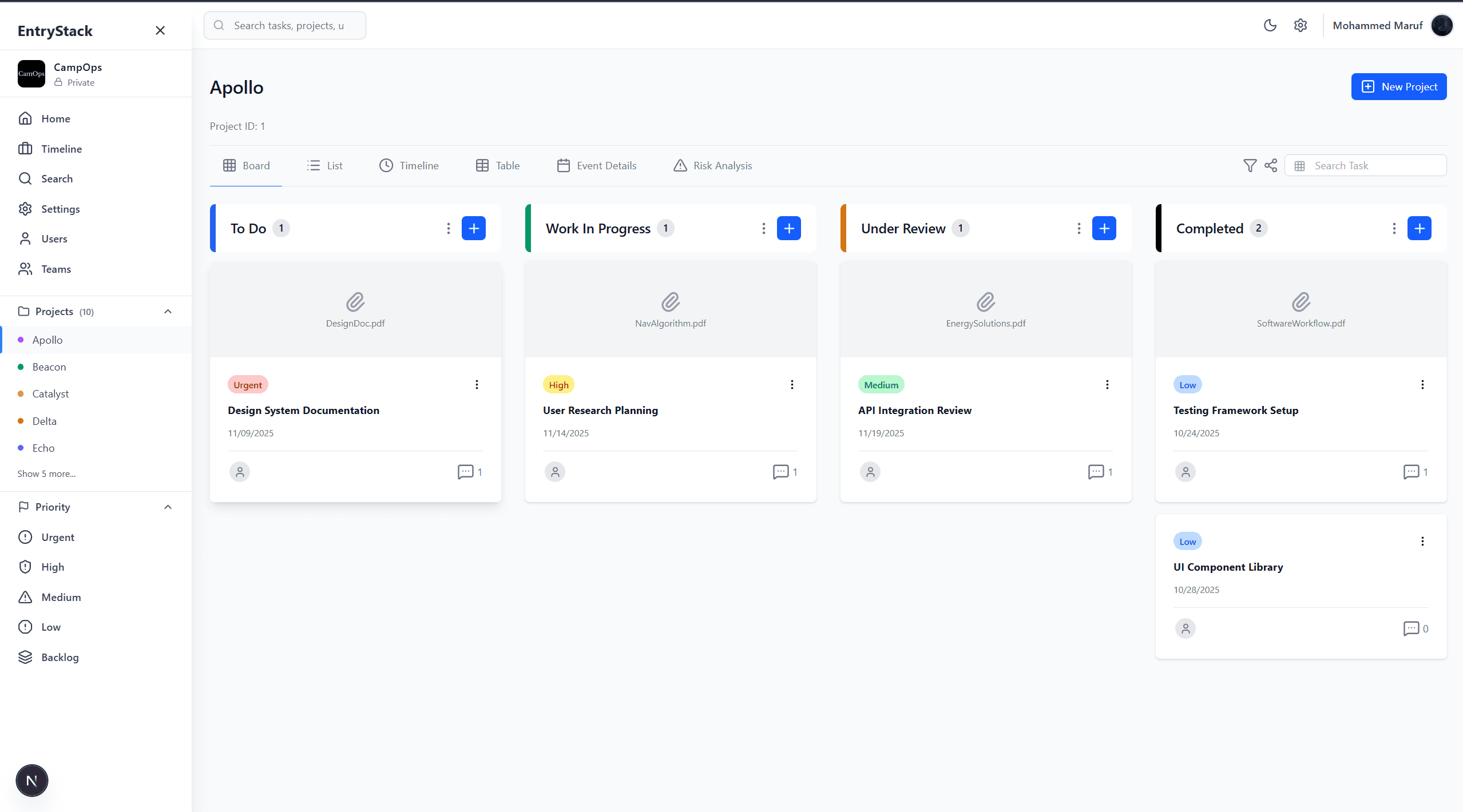 CampOps Apollo project board with kanban view